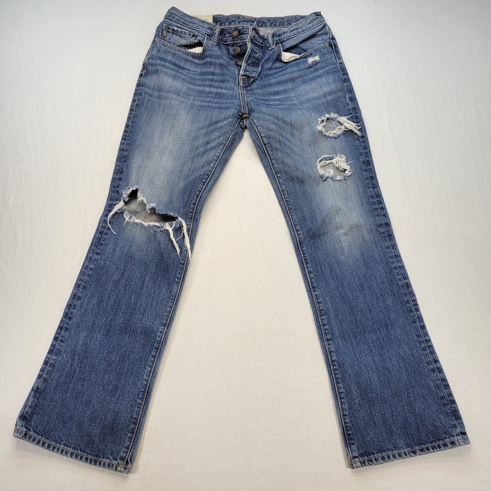Abercrombie & Fitch Bootcut Jeans Mens 31x32 Blue Button Fly Distressed Denim